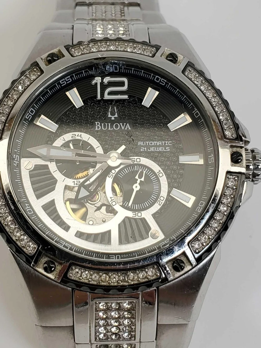 Bulova Men's Silver Automatic Watch with Crystal Accents - Black Dial - 21 Jewel